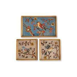 Painted glass wall art, Feathered Family (set of 3 