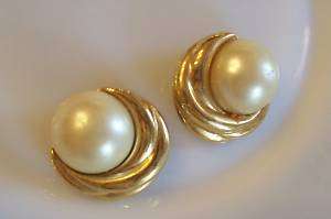 Lovely Faux Pearl & Gold KJL Kenneth Lane Hoop Earrings  