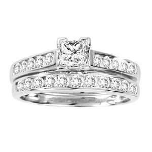  1 Carat Princess Round Diamond 14k White Gold Bridal Set 