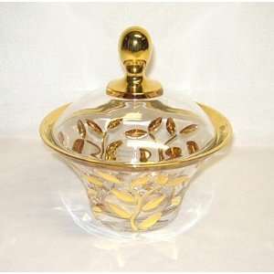  Italian Crystal Candy Dish and Lid with Gold Leaves 
