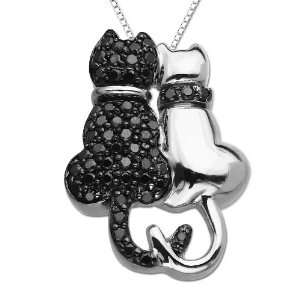  Sterling Silver Black and White Coupled Cats with Black Diamond 