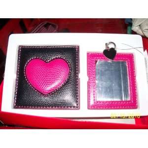  Liz Claiborne Villager Leather Heart Mirror & Case NIB 