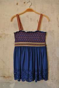   Bright Blue Smocked Native American Trimmed Boho Camisole Top Small