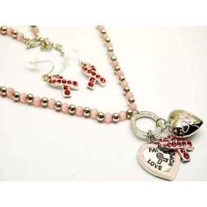 Pink Ribbon Faith Love Hope Necklace and Earrings Set