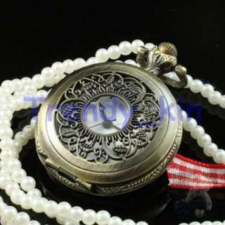 Brass Steampunk Vintage Pearl Necklace pocket watch FOB  