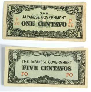 Set of 2) 1940s THE JAPANESE GOVERNMENT   ONE CENTAVO & FIVE 