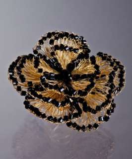 Lavish black bead gold crochet flower ring  