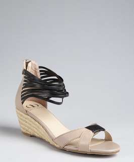 Kelsi Dagger taupe and black leather Paula wedge sandals