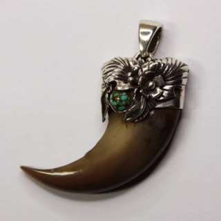 Rare Sterling Carved Turquoise Deco Claw Tribal Pendant /TY702  