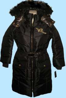   ROCAWEAR Long Black Hooded Winter Coat Jacket M 8 10, L 12 14  