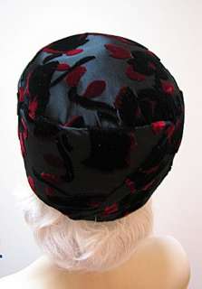 1920s 30s FLAPPER TURBAN HAT, BLACK & RED FABRIC #826  