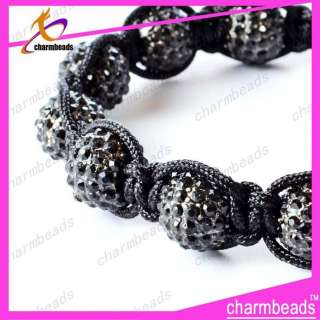 10mm Pave Disco Ball Black diamond Shamballa Cord hemp Bracelet Charm 