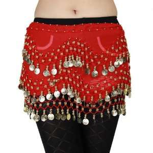   Gold Coins Belly Dance Hip Scarf, Vogue Style  red 