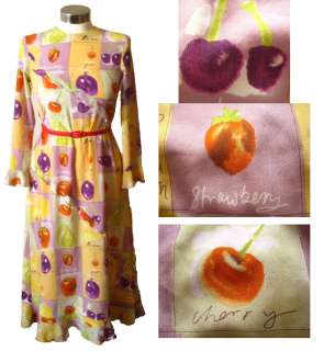 Vintage 80s Cherry strawberry fruit Yellow Ruffles dress S M 8 10 