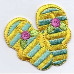  Flip Flops, Striped w/Flower  Iron On Embroidered Applique 