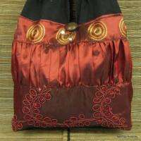   Hobo Floral Embroidered Shoulder Bag Purse Thai Silk Satin Burgundy J2