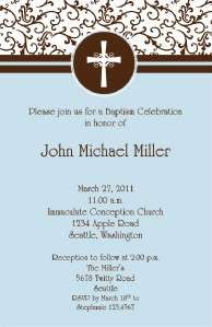 Blue and Brown Christening Baptism Invitations  