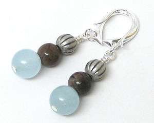 Brown Agates with Blue Jade Silver Earrings  