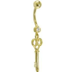   14KT Yellow Gold Cubic Zirconia SKELETON KEY Belly Ring. Jewelry