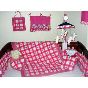    Pink Check Flower 9 piece crib bedding set 