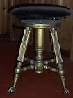 ANTIQUE PIANO STOOL SWIVEL SEAT GOLD PAINTED LEGS AND GLASS BALL 