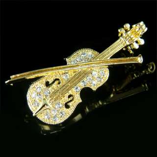 Crystal musical instrument VIOLIN gold tone BROOCH XMAS  
