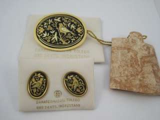  Encrusted Spain Damasquinado Damascene Bird Brooch Pin & Earring Set