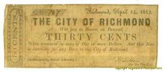 CIVIL WAR CITY OF RICHMOND THIRTY CENT NOTE APRIL 14, 1862  