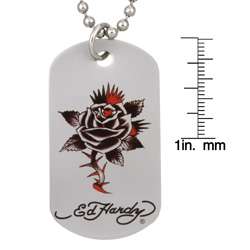 Ed Hardy Steel Black/ Red Rose Print Dog Tag Necklace  