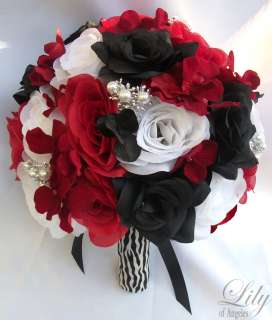 17pcs Wedding Bridal Bouquet Set Decoration Package Silk Flowers RED 