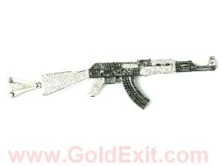 10K White Gold Mens AK 47 Gun Diamond Pendant Hip Cross  