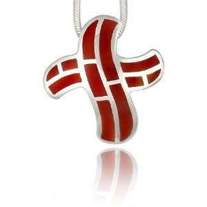   Silver Red Coral Cross Pendant   (2.5 x 2.3 cm) 