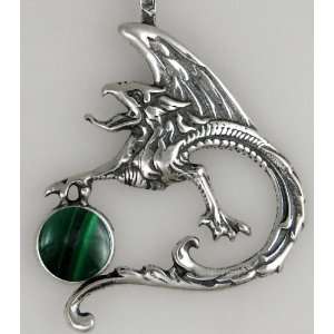 Sterling Silver Tattoo Dragon Accented with Genuine African Malachite