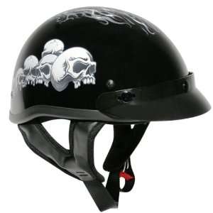  Outlaw T 70 Black Glossy Motorcycle Half Helmet with Skull 