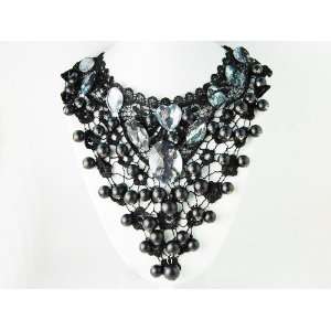  Black Crochet Net Mesh Gothic Victorian Heart Crystal Faux 