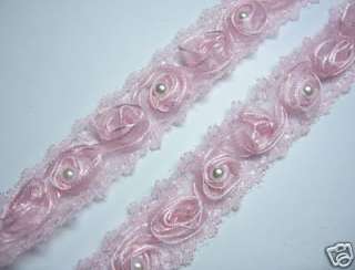 Lace/Organza Swirl Rose w/ pearl Trim 4y Pink  