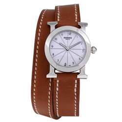 Hermes Womens Barenia White Dial Leather Double Strap Watch 