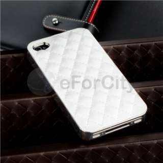 White Leather Diamond Hard Cover Case+3.5mm Cable For iPhone 4 4S 4G 