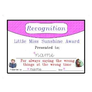  Little Miss Sunchine Award, Certificate