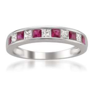 14k White Gold Princess cut Diamond and Red Ruby Wedding Band Ring (5 
