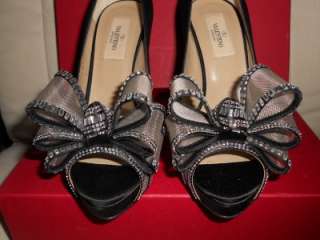 Valentino Swarovski Crystal Embellished Satin Platform Pumps Shoes Bow 