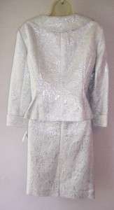 JONES NEW YORK Silver Jaquard Mother of Bride 2 pc Jacket & Skirt Suit 