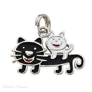    Sterling Silver Enameled White Kitten And Black Cat Charm Jewelry