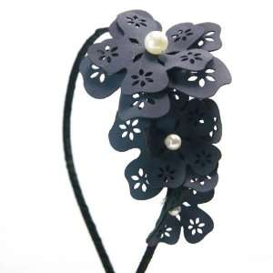 Dark Blue) Flower Shaped PU Leather Headband with artificial pearl 