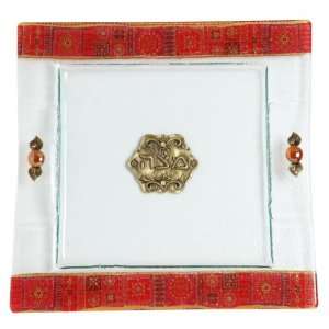    Glass Matzah Plate with Red Floral Patterns 