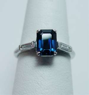   Platinum 2.15ct Sapphire Diamond Baguette 3 stone Ring Estate Jewelry