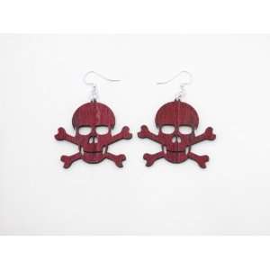  Cherry Red Skull and Crossbones Wooden Earrings GTJ 