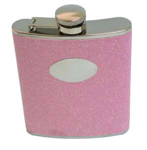 Pink Glitter Engravable Oval Badge 6oz Stainless Flask  