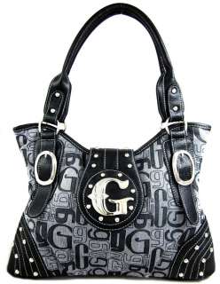 Signature G Studded Jacquard Hobo Purse Handbag Gray  