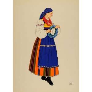  1939 Polish Folk Costume Woman Lowicz Poland Lithograph 